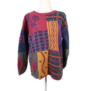 Vintage 90s Casual Elements purple yellow plaid patchwork sweater S